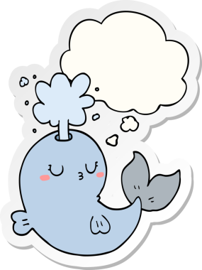 Bir insan tarafından çizilmiş bir çıkartma gibi düşünce baloncuğuyla su püskürten çizgi film balinası.