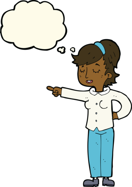 Bir insan tarafından çizilmiş düşünce balonuyla işaret eden çizgi film dostu bir kadın.