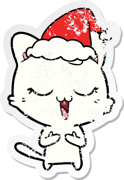 Mutlu el çizilmiş hüzünlü bir karikatür. Bir insan tarafından çizilmiş Noel Baba şapkası takan bir kedi.