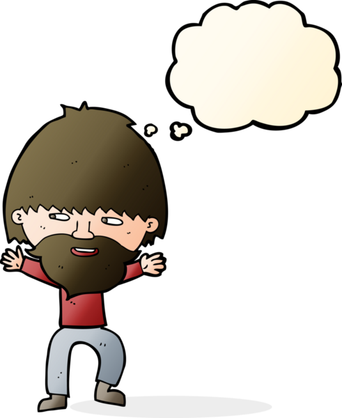 Bir insan tarafından çizilmiş düşünce balonlu sakallı mutlu adam çizgi filmi.