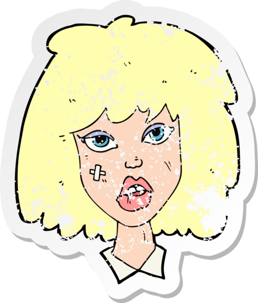 Bir insan tarafından çizilmiş yüzü morarmış bir karikatür kadının gerilmiş çıkartması.