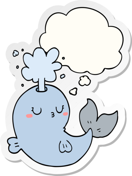 Bir insan tarafından çizilmiş bir çıkartma gibi düşünce baloncuğuyla su püskürten çizgi film balinası.