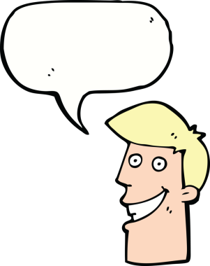 Bir insan tarafından çizilmiş konuşma balonuyla sırıtan çizgi film adamı.