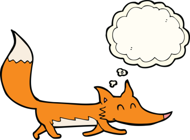 Bir insan tarafından çizilmiş düşünce baloncuklu küçük tilki.