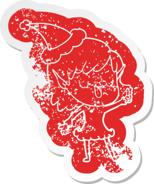 Bir insan tarafından çizilmiş Noel Baba şapkası giyen elf bir kızın garip bir karikatürü.