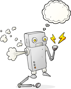 Serbest çizim düşünce balonu karikatürü bir insan tarafından çizilmiş bozuk robot.