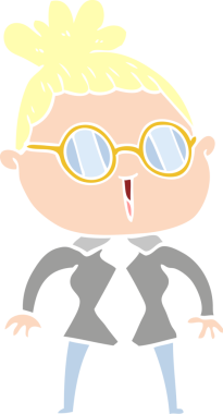 Düz renkli karikatür kadın bir insan tarafından çizilmiş gözlük giyiyor.