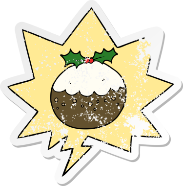 Konuşma balonlu karikatür pudingi bir insan tarafından çizilmiş sıkıntılı eski bir çıkartma