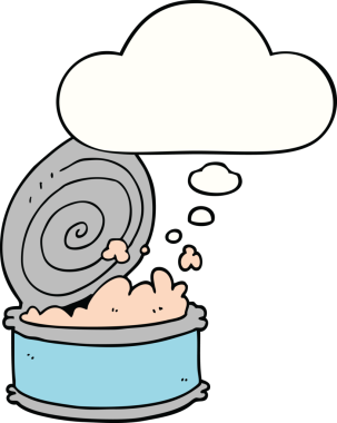 Bir insan tarafından çizilmiş düşünce baloncuklu konserve balık.