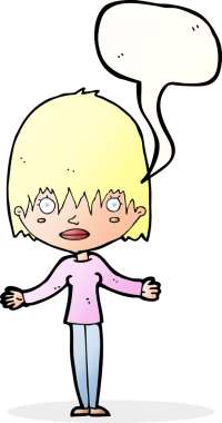 Bir insan tarafından çizilmiş konuşma baloncuğuyla omuz silken çizgi film kadını.