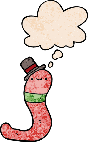 Bir insan tarafından çizilmiş grunge desenli düşünce baloncuğu olan şirin bir çizgi film solucanı.