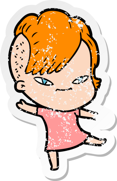 Hipster saç kesimi bir insan tarafından çizilmiş tatlı bir çizgi film kızına ait sıkıntılı bir etiket.