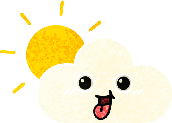 Bir insan tarafından çizilmiş güneş ve bulutun retro çizim tarzı karikatürü