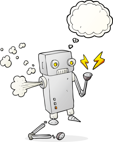 Serbest çizim düşünce balonu karikatürü bir insan tarafından çizilmiş bozuk robot.