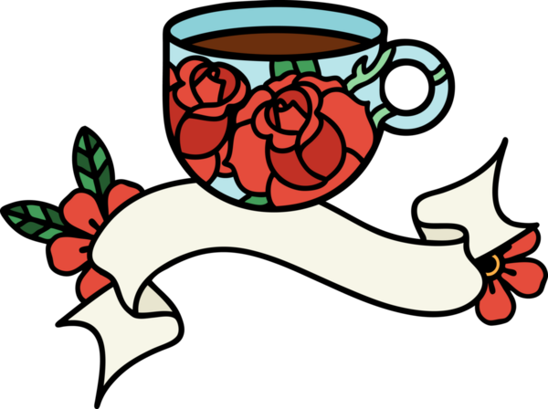 Geleneksel dövmeli bir kupa ve bir insan tarafından çizilmiş çiçekler.