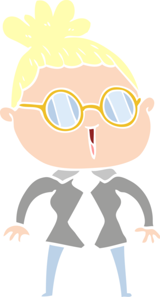 Düz renkli karikatür kadın bir insan tarafından çizilmiş gözlük giyiyor.