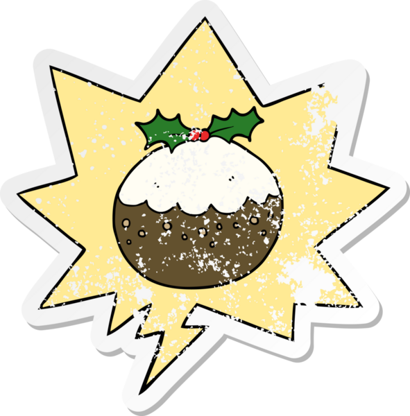 Konuşma balonlu karikatür pudingi bir insan tarafından çizilmiş sıkıntılı eski bir çıkartma