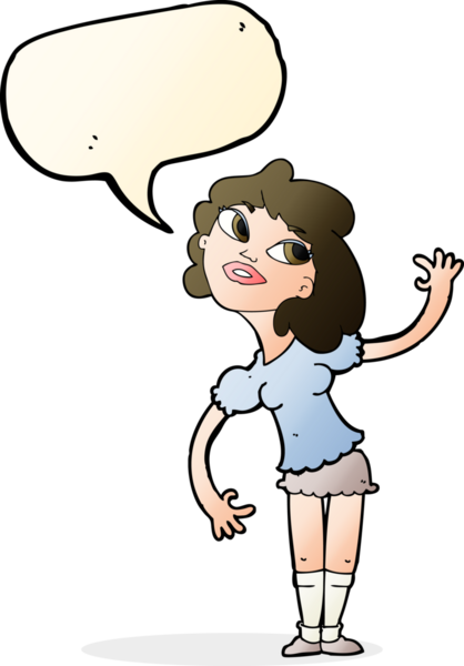 Bir insan tarafından çizilmiş bir konuşma balonuyla el sallayan çizgi film kadını.