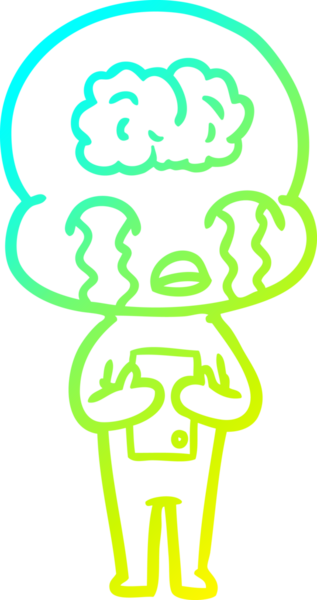 Bir çizgi filmin soğuk gradyan çizimi. Bir insan tarafından çizilmiş ağlayan büyük beyin uzaylısı.