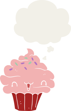 Bir insan tarafından çizilmiş düşünce baloncuklu tatlı çizgi film şekerli kek.