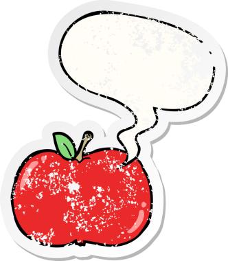 Konuşma baloncuklu çizgi film elması bir insan tarafından çizilmiş sıkıntılı eski bir çıkartma