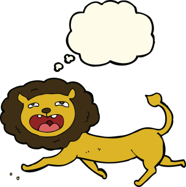 Bir insan tarafından çizilmiş düşünce baloncuklu çizgi film aslanı.