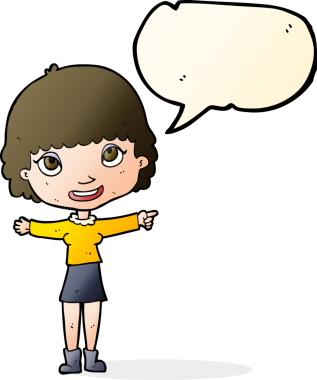 Bir insan tarafından çizilmiş konuşma balonuyla işaret eden mutlu kadın çizgi filmi.