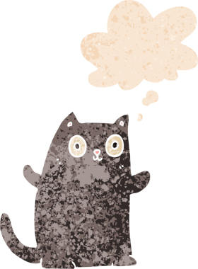 grunge 'da düşünce baloncuğu olan çizgi film kedisi bir insan tarafından çizilmiş dertli retro desenli