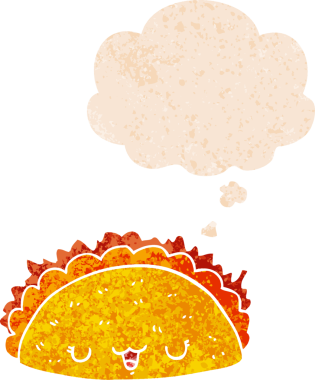 Düşünce baloncuklu çizgi film taco bir insan tarafından çizilmiş sıkıntılı retro dokuma tarzı