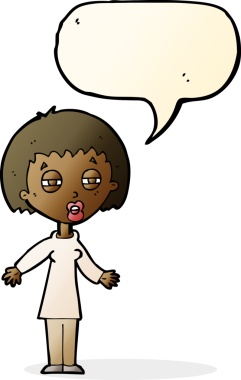 Bir insan tarafından çizilmiş konuşma balonu olan yorgun bir kadın çizgi filmi.