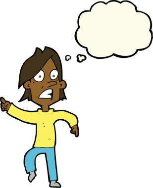 Bir insan tarafından çizilmiş düşünce kabarcığını gösteren endişeli bir çizgi film.