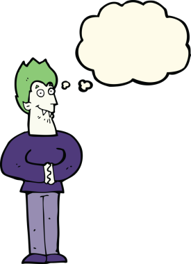 Bir insan tarafından çizilmiş düşünce baloncuğu olan bir vampir.