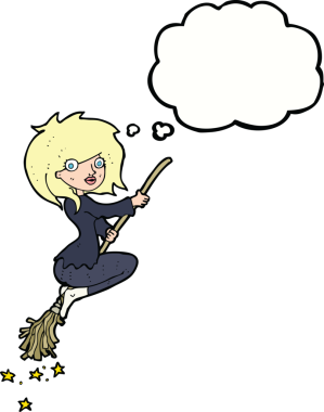 Bir insan tarafından çizilmiş düşünce balonuyla süpürgeye binen cadı çizgi filmi.