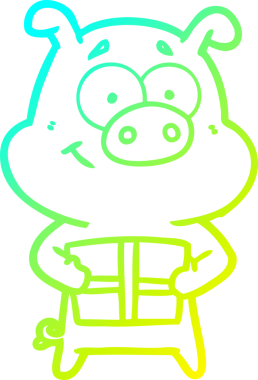 Bir insan tarafından çizilmiş Noel hediyesini elinde tutan mutlu bir domuzun soğuk gradyan çizimi