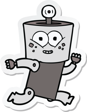 Bir insan tarafından çizilmiş mutlu çizgi film robotunun çıkartması.