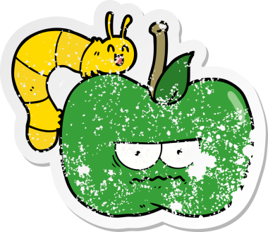 Bir insan tarafından çizilmiş huysuz elma ve tırtılın sıkıntılı çıkartması.