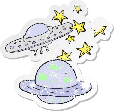 Bir insan tarafından çizilmiş bir çizgi film uçan daire ve gezegenin gerilimli yapıştırması.
