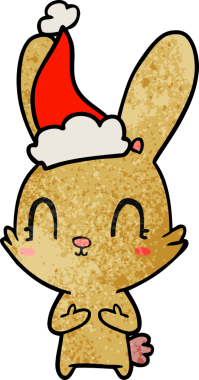 Bir insan tarafından çizilmiş Noel Baba şapkası takan tavşan desenli bir el çizimi.