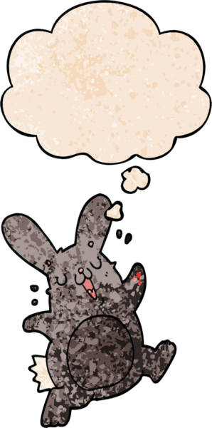 Bir insan tarafından çizilmiş grunge desenli düşünce baloncuklu çizgi film tavşanı.