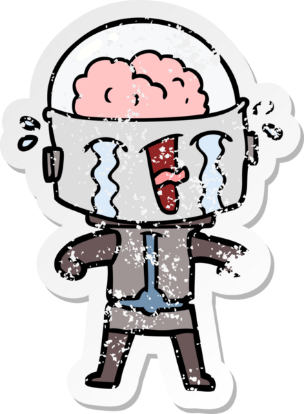 Bir insan tarafından çizilmiş, karikatür ağlayan robot çıkartması.