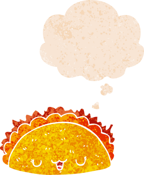 Düşünce baloncuklu çizgi film taco bir insan tarafından çizilmiş sıkıntılı retro dokuma tarzı