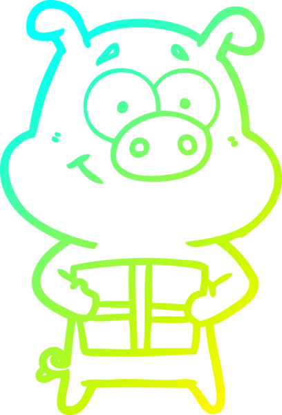 Bir insan tarafından çizilmiş Noel hediyesini elinde tutan mutlu bir domuzun soğuk gradyan çizimi