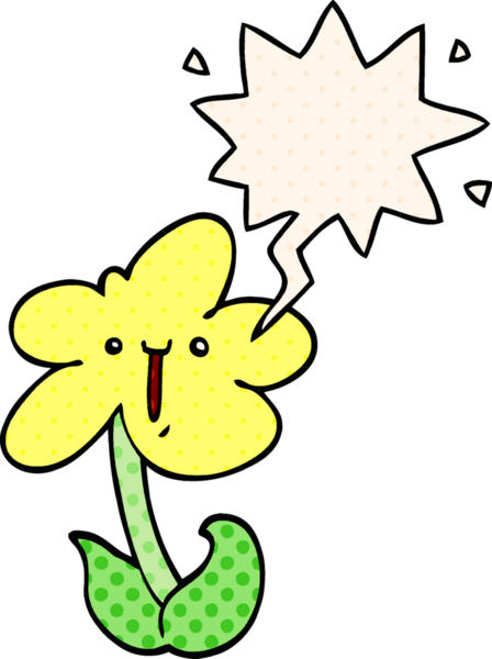 Bir insan tarafından çizilmiş çizgi roman tarzında konuşma baloncuğu olan karikatür çiçeği.