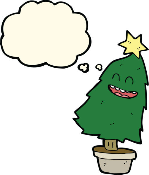 Bir insan tarafından çizilmiş düşünce baloncuğuyla dans eden çizgi film noel ağacı.