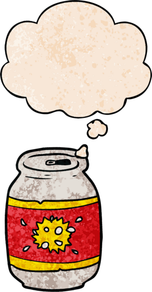 Bir insan tarafından çizilmiş grunge desenli düşünce baloncuklu karikatür soda kutusu.