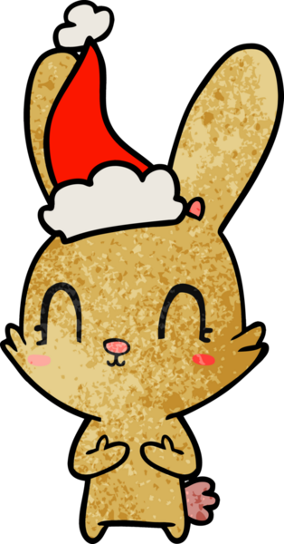 Bir insan tarafından çizilmiş Noel Baba şapkası takan tavşan desenli bir el çizimi.