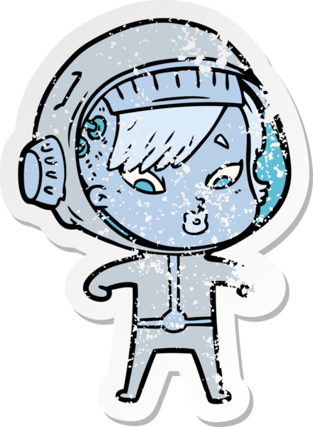 Bir insan tarafından çizilmiş karikatür astronot kadının sıkıntılı çıkartması.