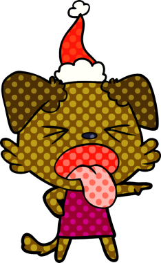 Bir insan tarafından çizilmiş Noel Baba şapkası giyen tiksinmiş bir köpeğin el çizimi çizgi roman çizimi.