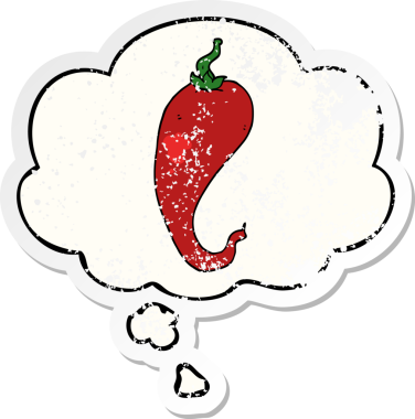 Düşünce baloncuklu kırmızı biber çizgi filmi bir insan tarafından çizilmiş yıpranmış bir çıkartma.