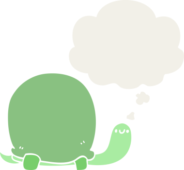 Düşünce baloncuğu olan sevimli bir karikatür kaplumbağası insan tarafından çizilmiş.